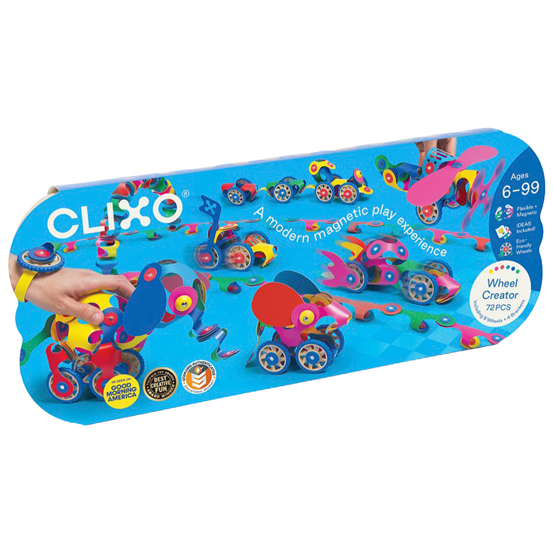 De Clixo magnetische bouwset Wheel Creator verpakking met voorbeelden van creaties.