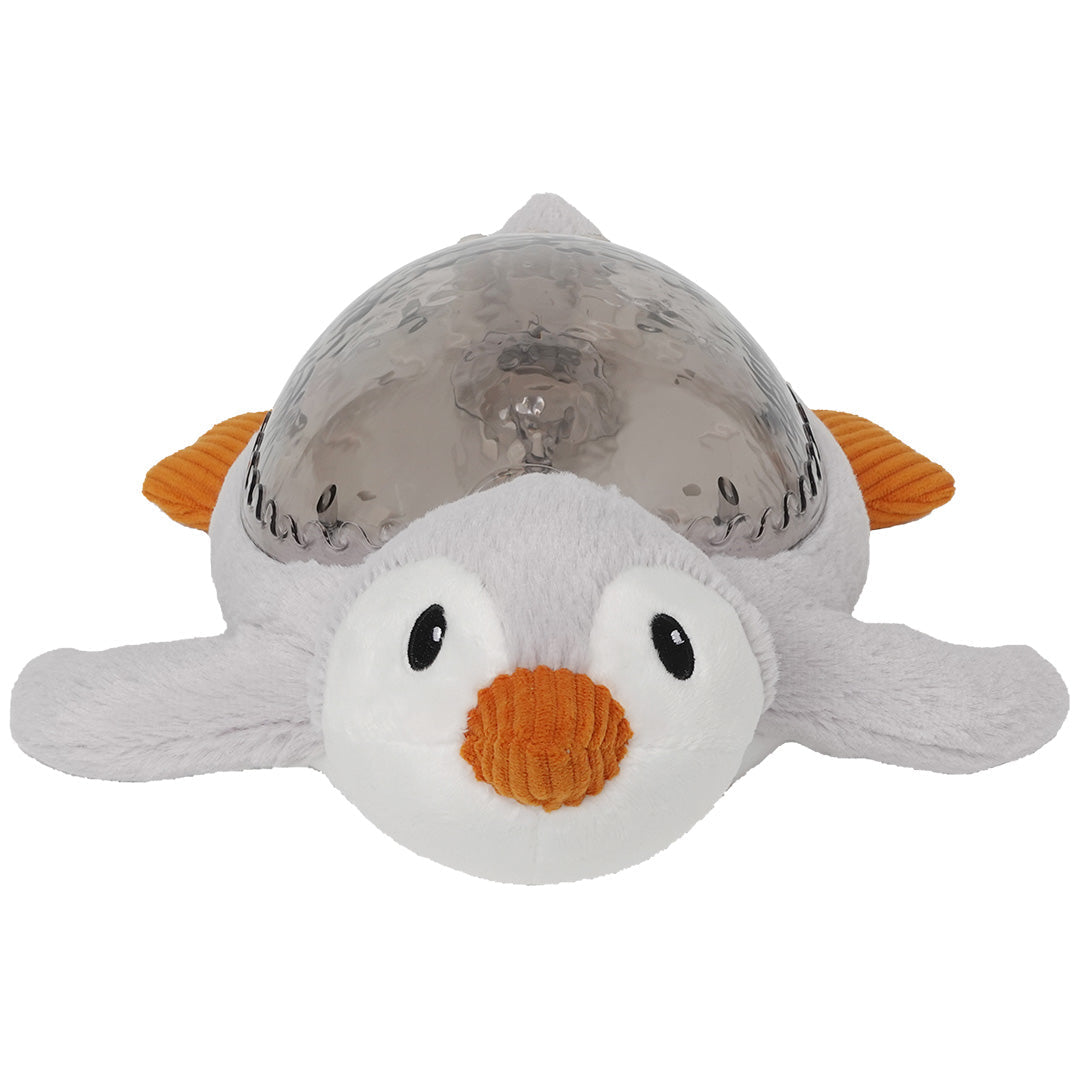 cloud.b knuffelpinguin met nachtlamp, van voren gezien op een witte achtergrond.