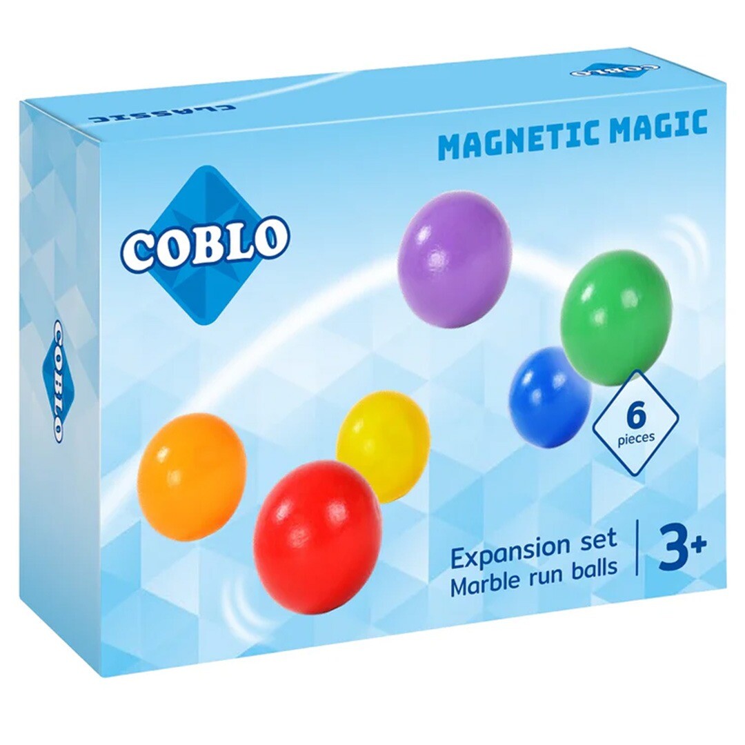 Verpakking van Coblo Magnetic Magic uitbreidingsset met 6 veelkleurige knikkerbaanballen.