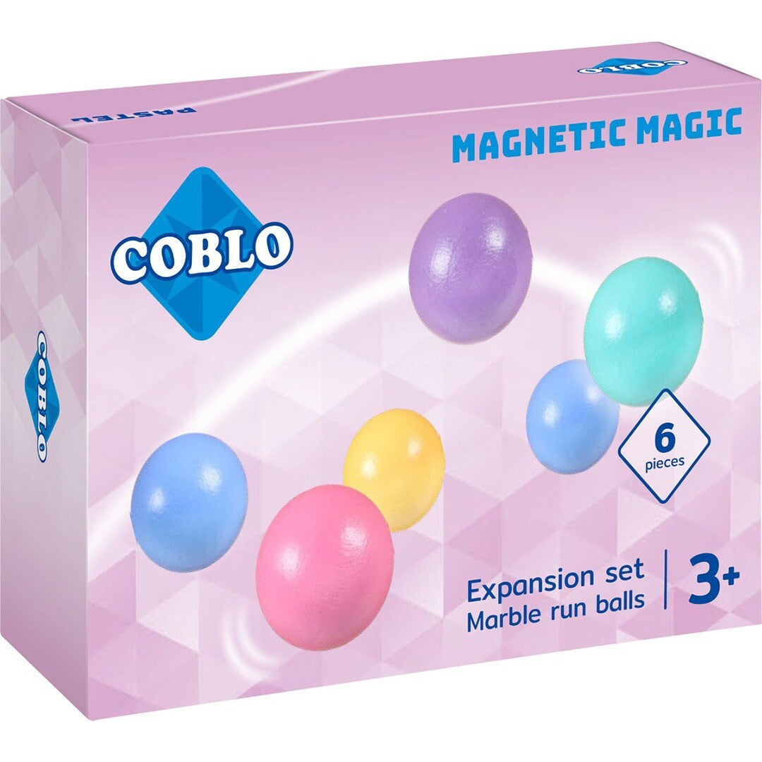 Verpakking van Coblo knikkerbaanballen in pastelkleuren, met zes veelkleurige ballen afgebeeld.