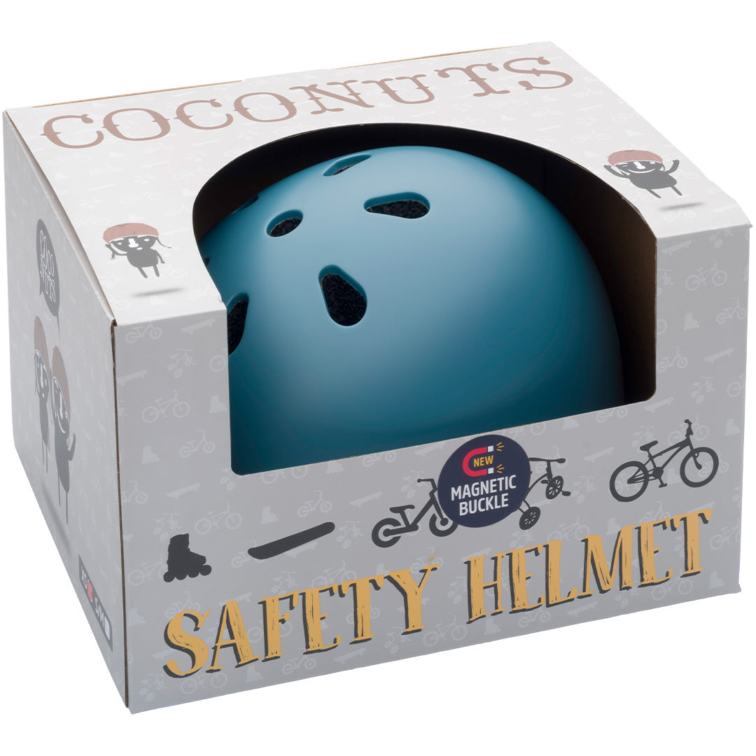 Verpakking van de Coconuts Helmets kinderhelm in vintage blauw.