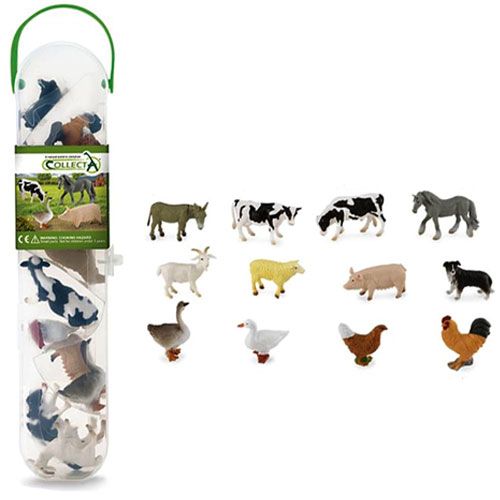 Collecta speelgoedfiguurtjes van boerderijdieren, deels in de transparante verpakking en deels ernaast uitgestald.