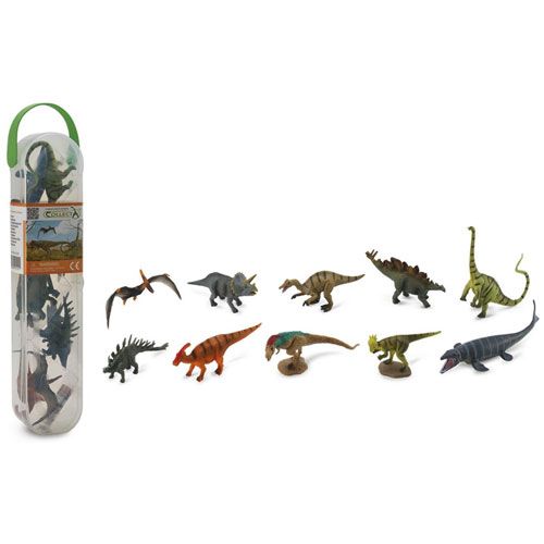Collecta set van mini dinosaurussen speelgoedfiguurtjes, deels in een transparante koker en deels los op een witte achtergrond.