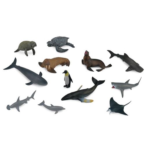 Collecta set van 12 plastic mini zeedieren speelgoedfiguurtjes, waaronder een walvis, haai en pinguïn.