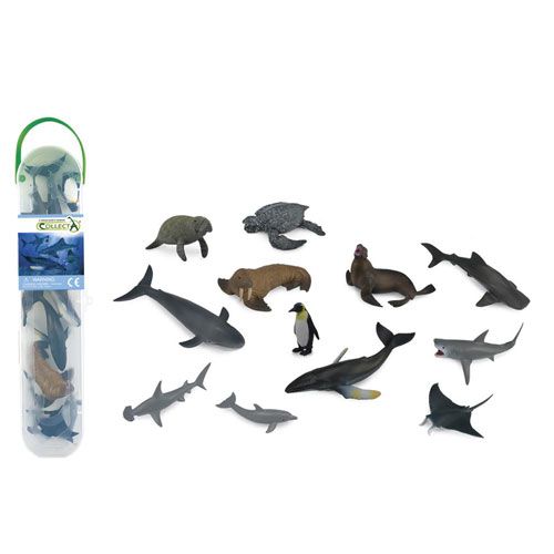 Collecta set van 12 plastic mini zeedieren speelgoedfiguurtjes met de transparante verpakking.