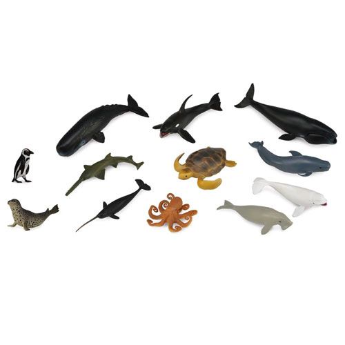 Collecta set van 12 mini zeedieren speelgoedfiguurtjes, waaronder walvissen, haaien, een schildpad en een octopus.