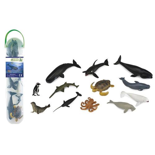Collecta set van 12 mini zeedieren speelgoedfiguurtjes en de transparante verpakking.