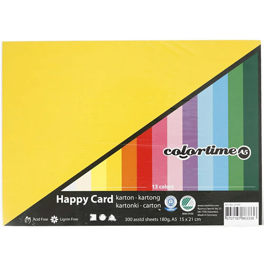 Achterkant van de verpakking van creativ company knutselkarton A5 met productinformatie en een kleurenstrip.