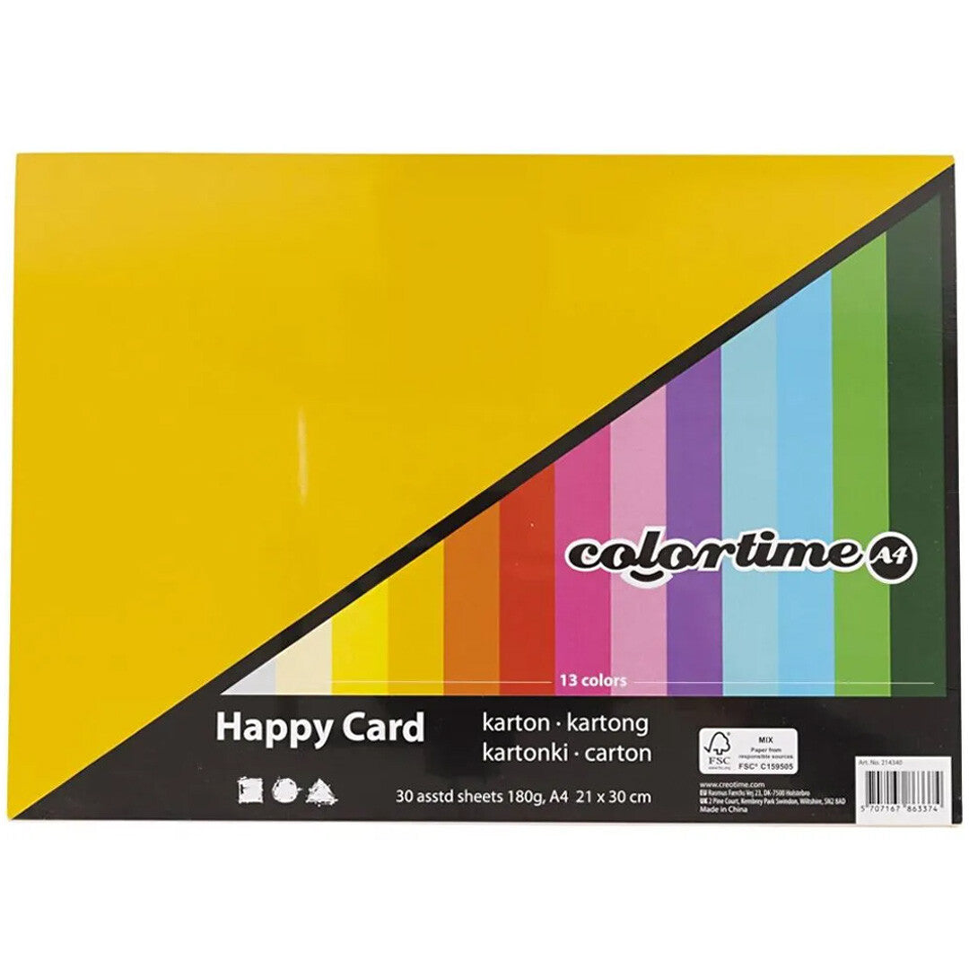 Verpakking van colortime A4 knutselkarton in 13 verschillende kleuren.