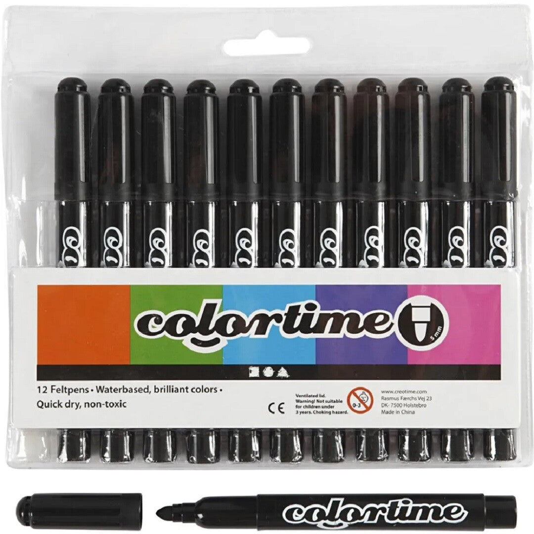 Verpakking van 12 Colortime zwarte viltstiften met productinformatie.