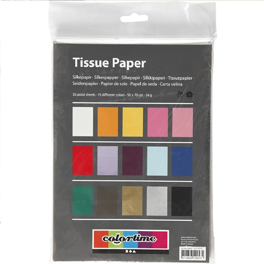 De verpakking van Colortime zijdepapier met een overzicht van de vijftien kleuren.