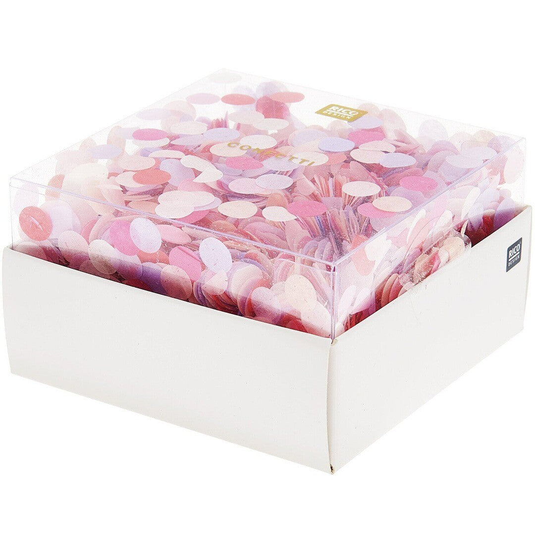 De verpakking van Rico Design confetti met roze, rode en paarse rondjes.