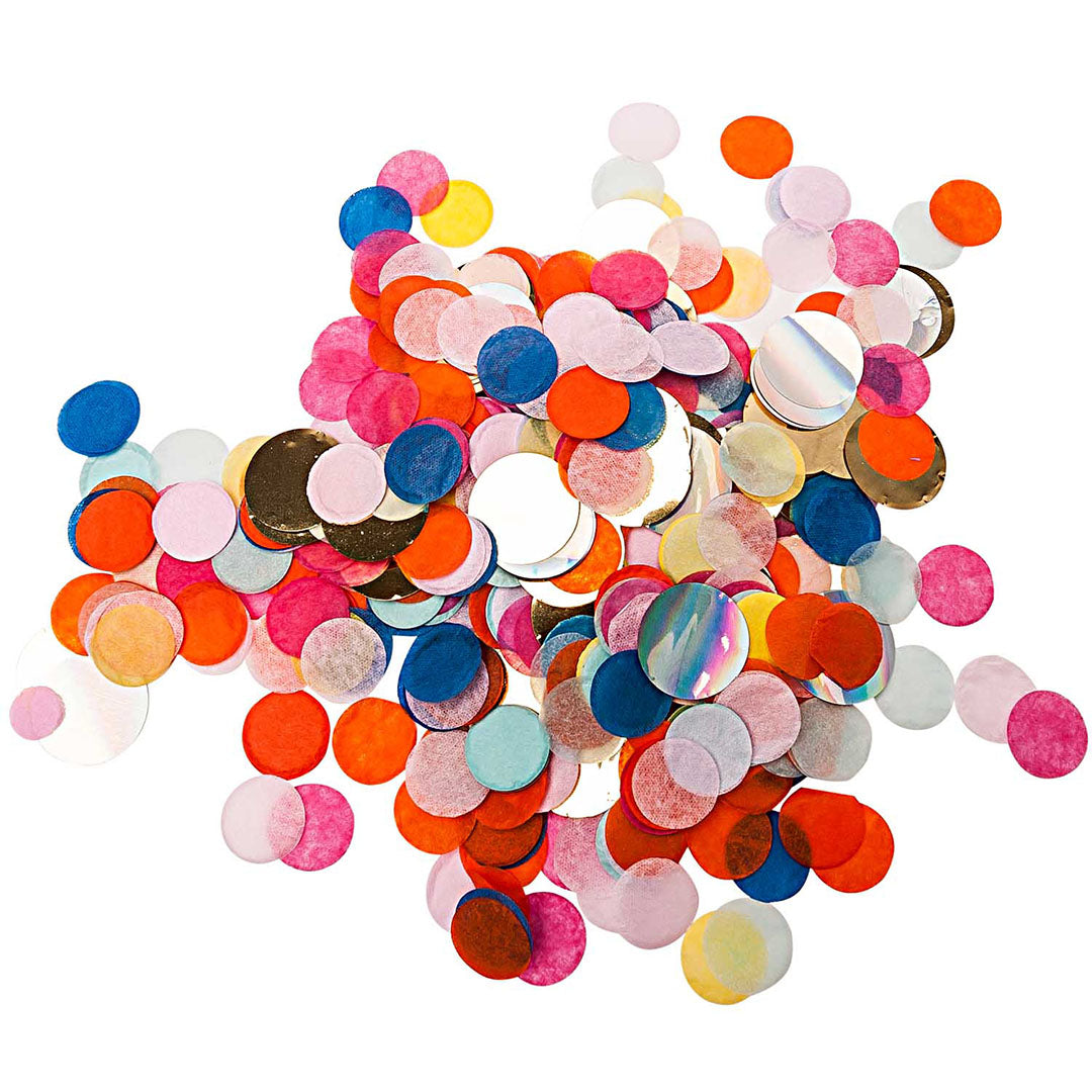 Een hoopje veelkleurige, ronde confetti van papier en metaal.