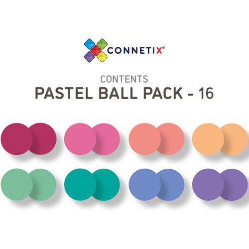 Connetix infographic met 16 pastelkleurige ballen in acht verschillende tinten.