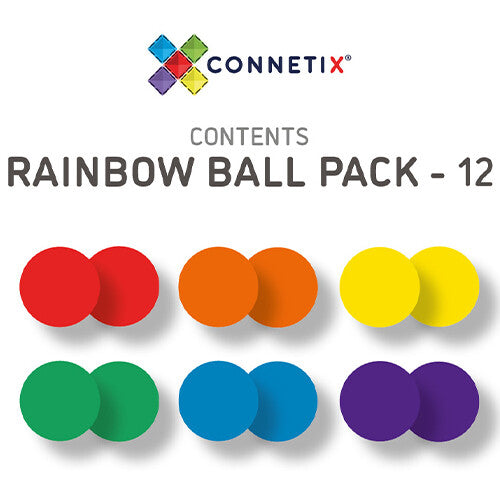 Connetix infographic van de inhoud van het regenboog knikkerbaanballenpakket met 12 ballen in zes kleuren.