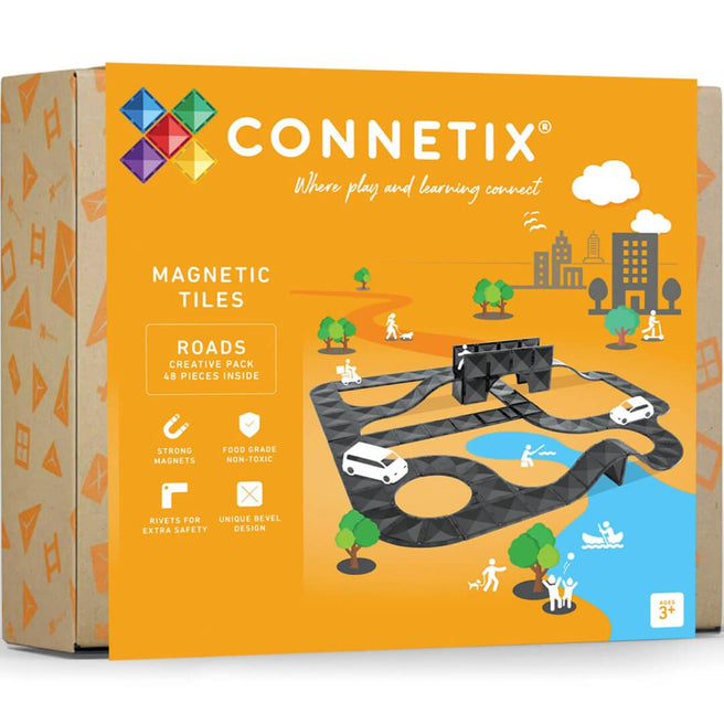 Verpakking van de Connetix magnetische tegels Creative Roads bouwset.