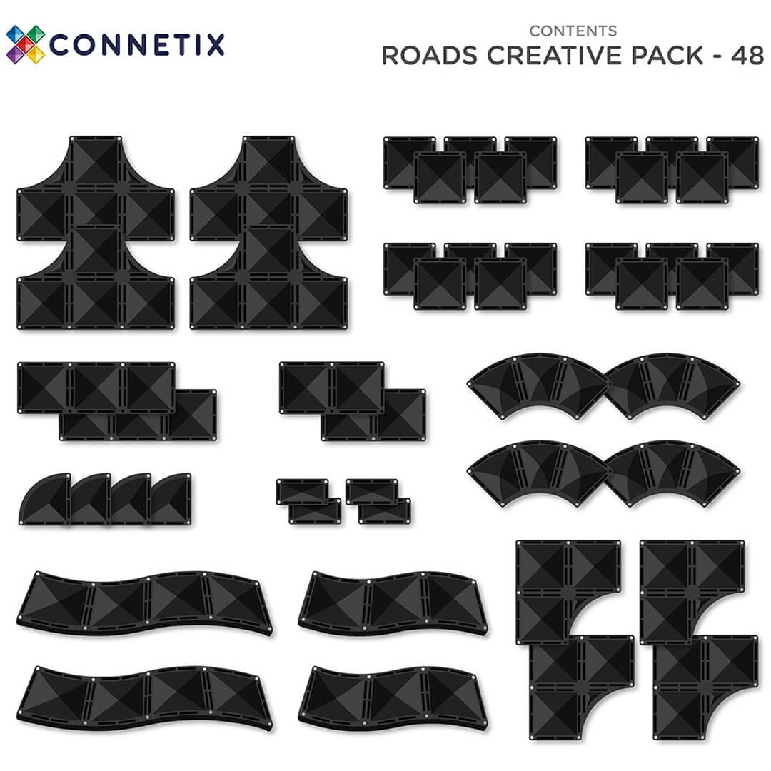 Infographic met een overzicht van alle 48 verschillende vormen zwarte Connetix magnetische tegels uit de bouwset.