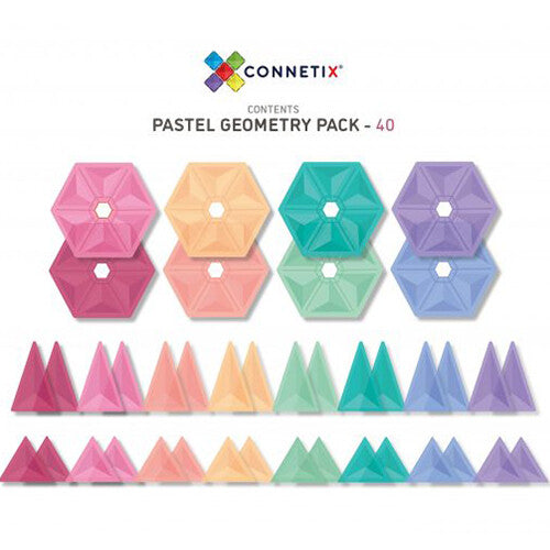 Infographic met een overzicht van de 40 Connetix pastel geometrische magnetische tegels, inclusief zeshoeken en driehoeken.
