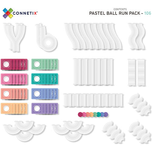 Infographic met alle onderdelen van de Connetix magnetische tegels knikkerbaan pastel set.