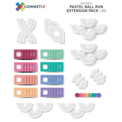 Infographic met alle losse onderdelen van de Connetix Pastel Ball Run uitbreidingsset.