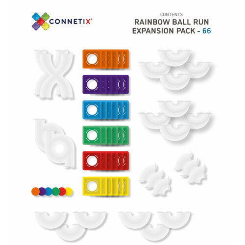 Een infographic met alle 66 onderdelen van de Connetix regenboog knikkerbaan uitbreidingsset.