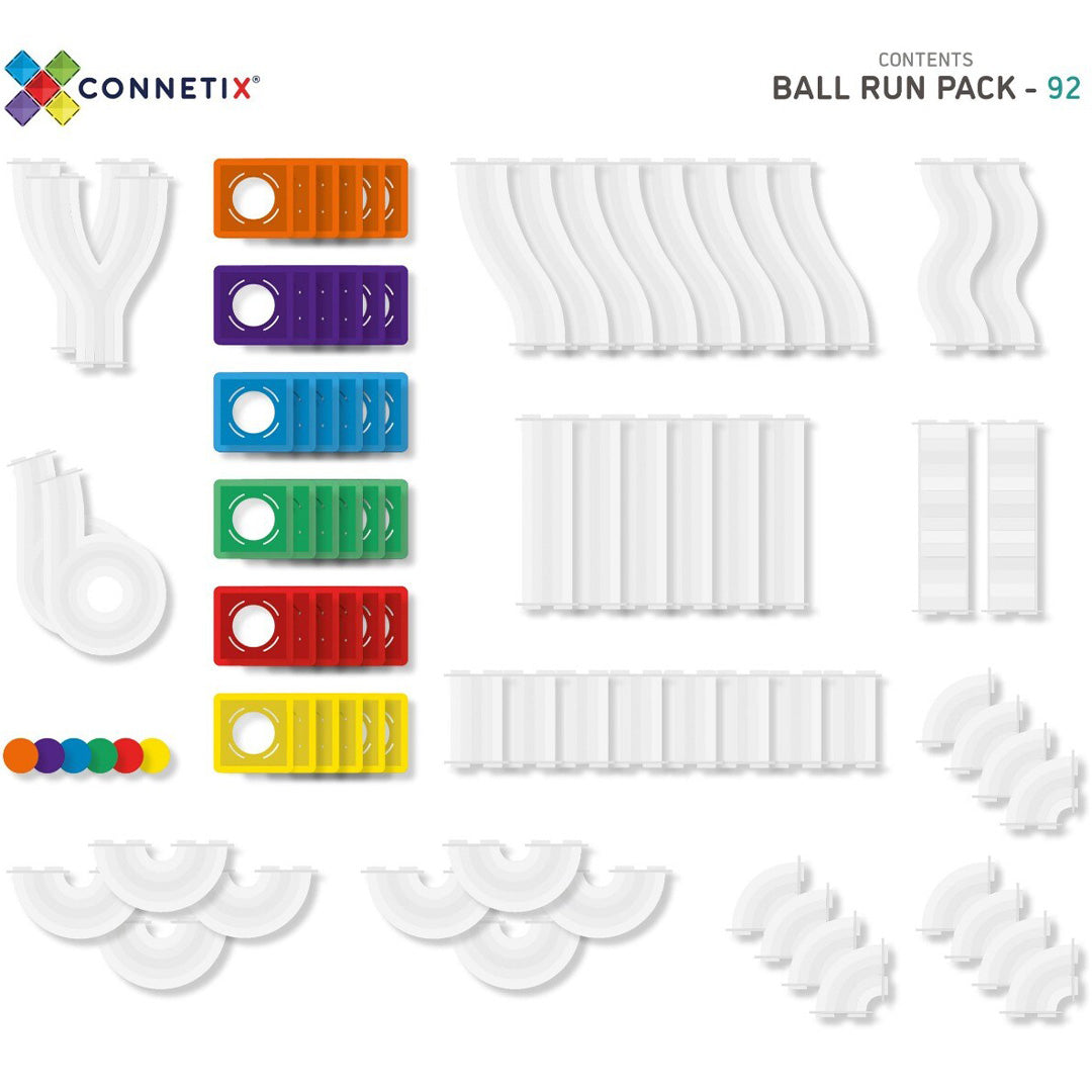 Een infographic toont alle 92 onderdelen van de Connetix magnetische tegels knikkerbaan, inclusief tegels en transparante banen.
