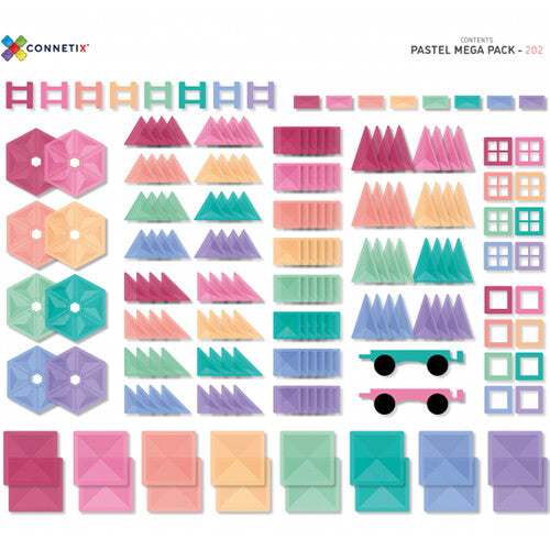 Infographic van de 202 Connetix magnetische tegels in pastelkleuren, gesorteerd op vorm en kleur.