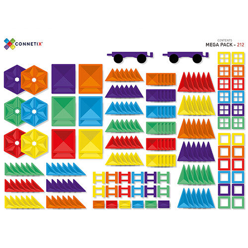 Infographic met een overzicht van alle 212 Connetix magnetische tegels in verschillende vormen en kleuren.
