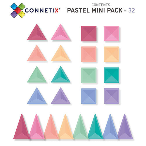 Infographic met de inhoud van de Connetix magnetische tegels mini pack, met verschillende pastelkleurige vormen.