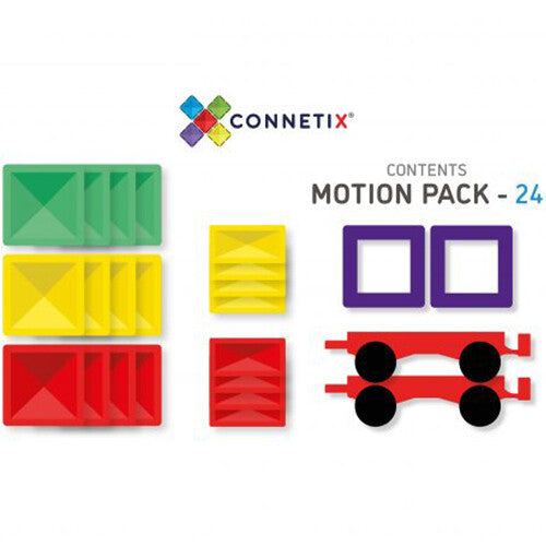 Infographic van de Connetix Motion Pack - 24, met de inhoud van magnetische tegels en onderstellen.