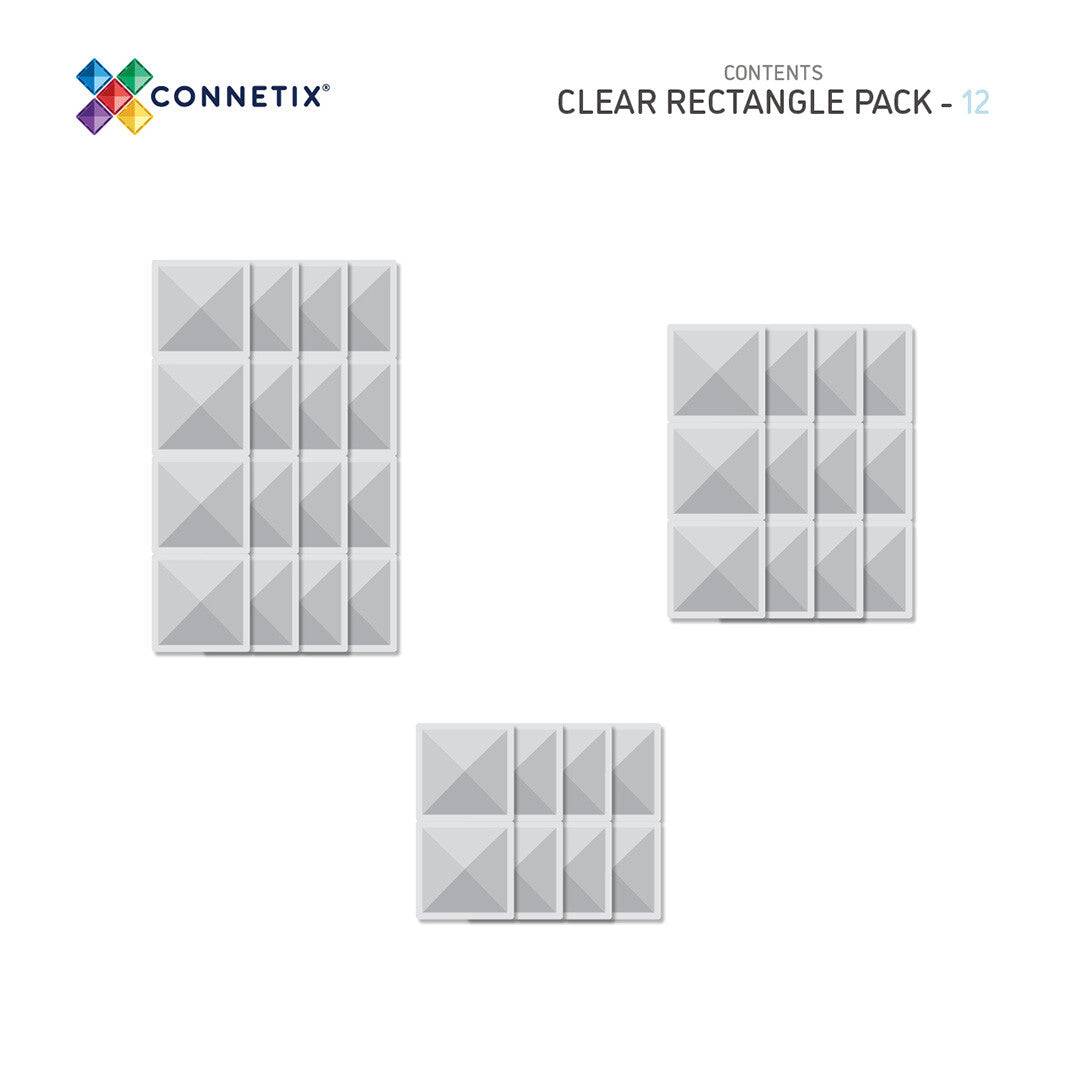 Infographic van de Connetix magnetische tegels in verschillende formaties.