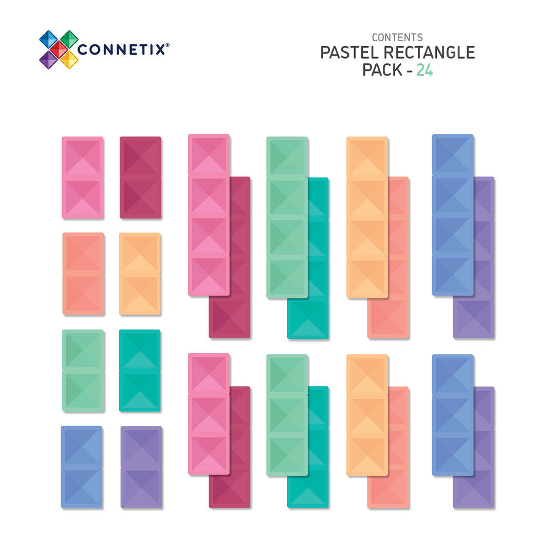 Infographic van de Connetix magnetische tegels pastel rectangle pack met 24 tegels.