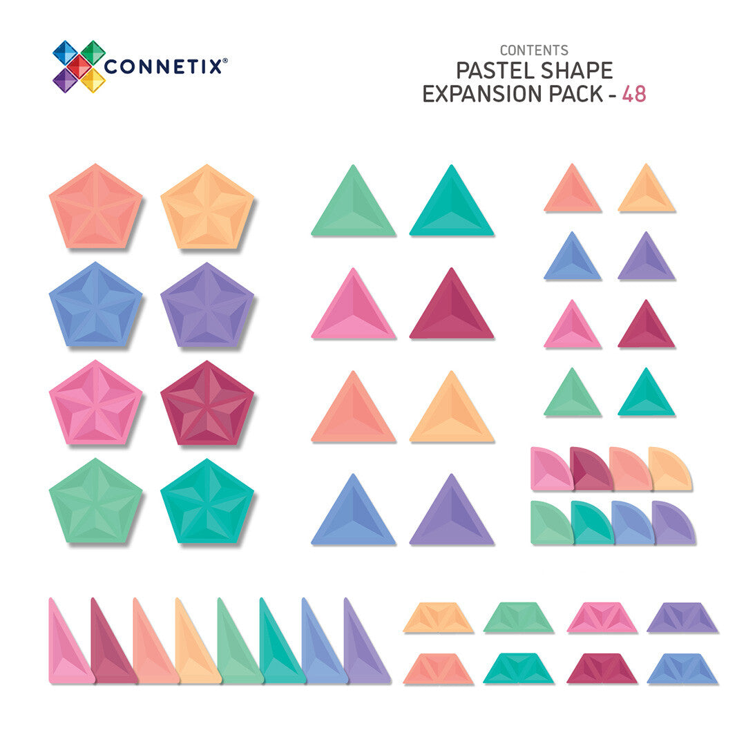 Infographic van alle 48 Connetix pastel magnetische tegels in verschillende vormen.