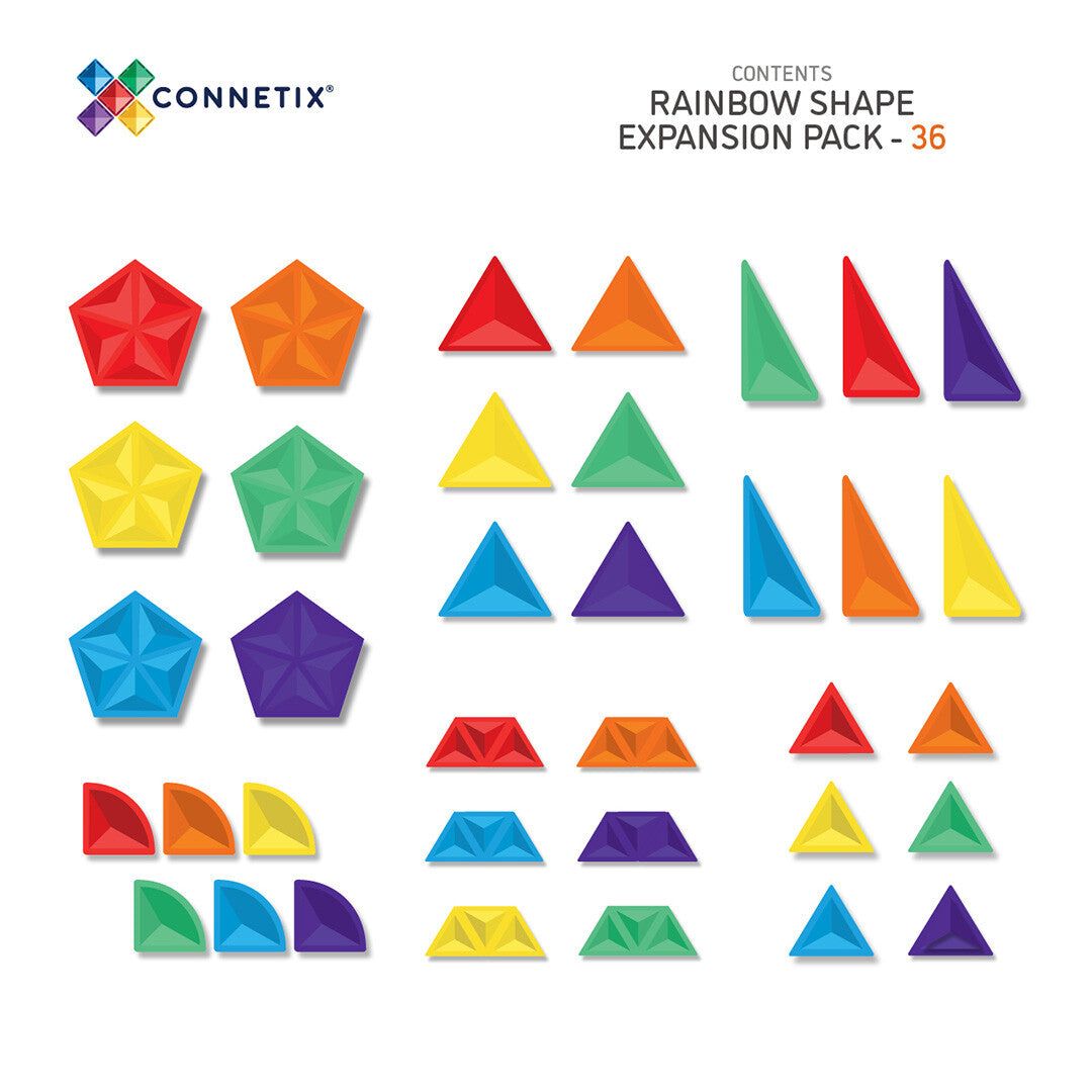 Infographic met alle 36 verschillende vormen en regenboogkleuren van de Connetix magnetische tegels uit de uitbreidingsset.