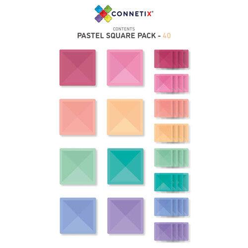 Infographic van de Connetix Pastel Square Pack inhoud met vierkante en rechthoekige tegels.