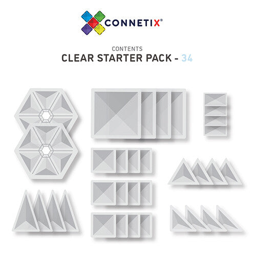 Infographic met een overzicht van de 34 transparante Connetix magnetische tegels in de startersset.
