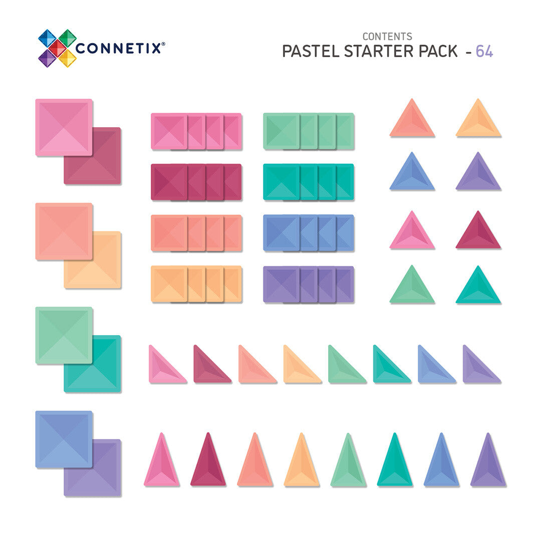 Infographic van de Connetix pastel magnetische tegels starterset met alle 64 verschillende vormen en kleuren.