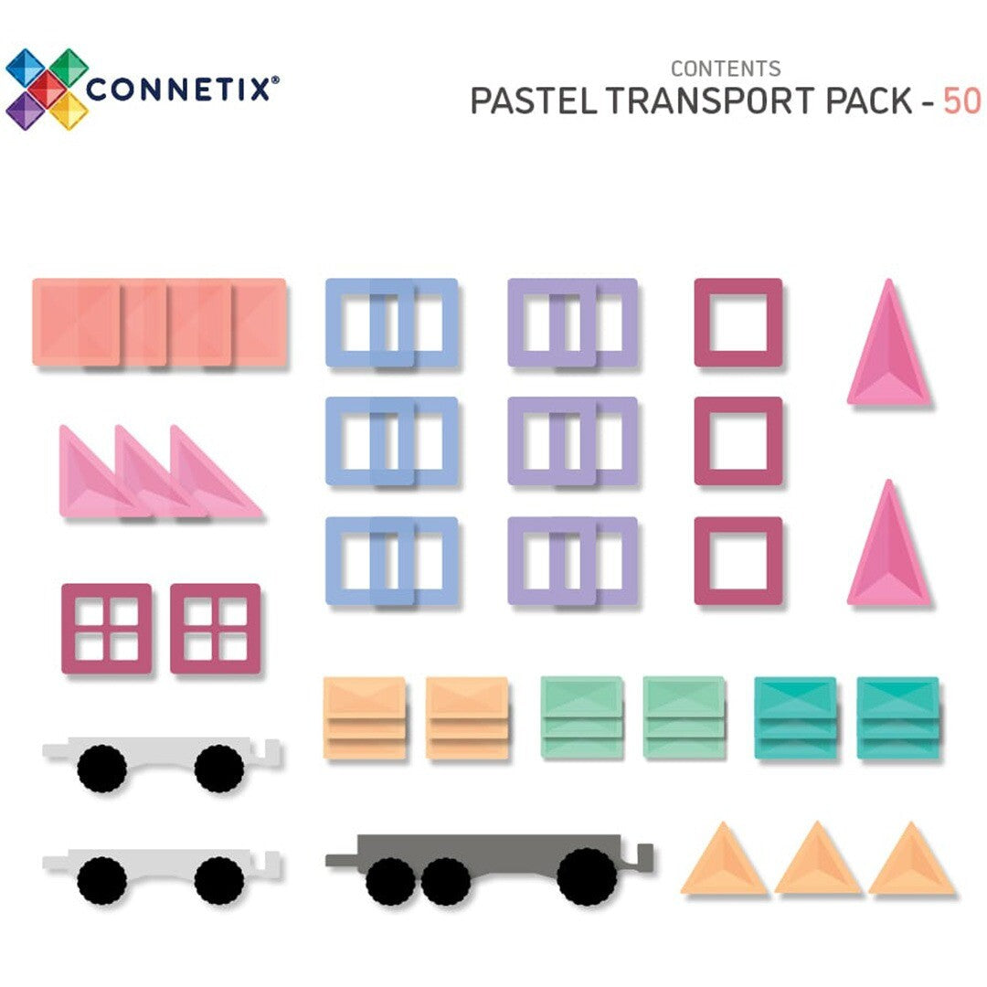 Infographic van de Connetix pastel transport magnetische tegels met alle 50 onderdelen.