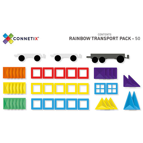 Infographic van de Connetix magnetische tegels transport regenboog set met alle 50 onderdelen.