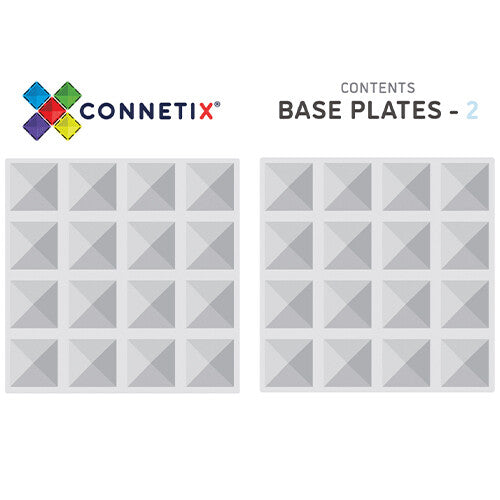 Infographic van Connetix met twee grijze vierkante bouwplaten en de tekst 'CONTENTS BASE PLATES - 2'.