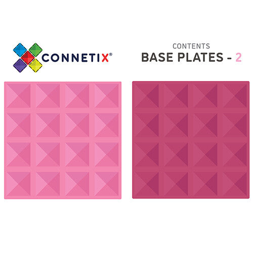 Infographic van twee Connetix magnetische bouwplaten, één lichtroze en één bessenkleurig.