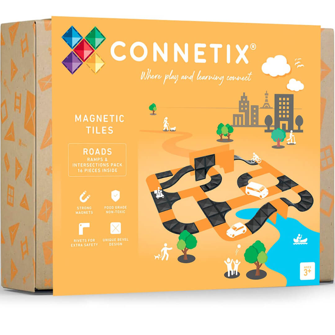 Connetix verpakking van de uitbreidingsset met magnetische tegels voor wegen en kruispunten.
