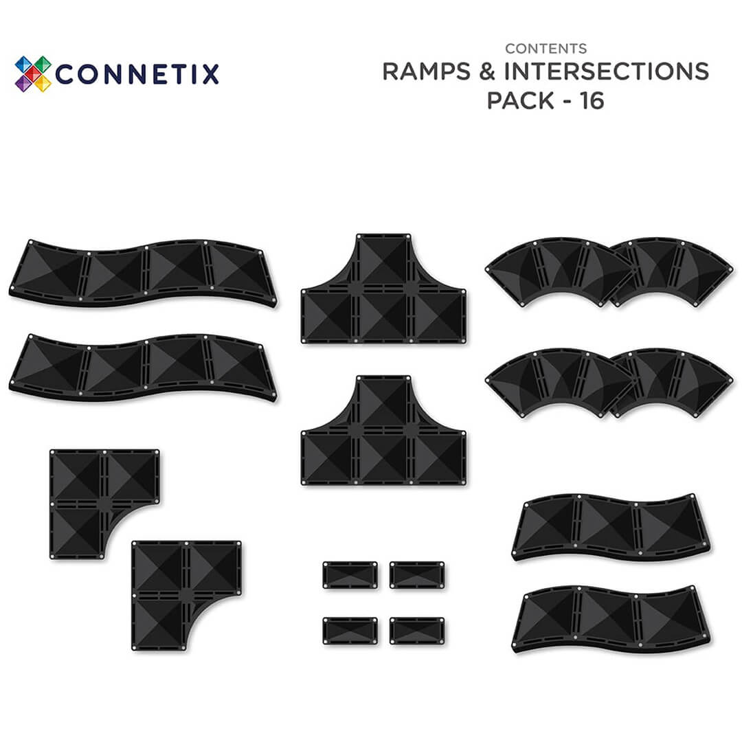 Een infographic van de 16 zwarte Connetix magnetische tegels uit de uitbreidingsset.