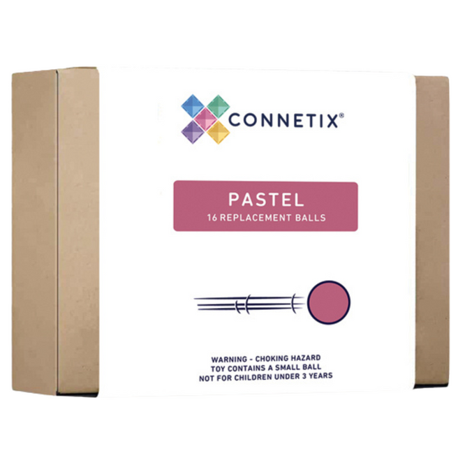 Connetix verpakking voor 16 pastelkleurige knikkerbaanballen.