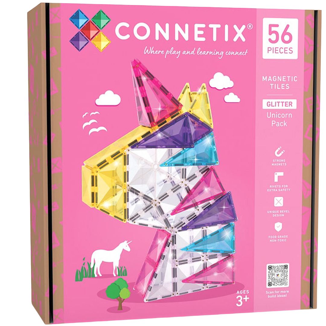 Verpakking van de Connetix glitter unicorn magnetische tegels bouwset.