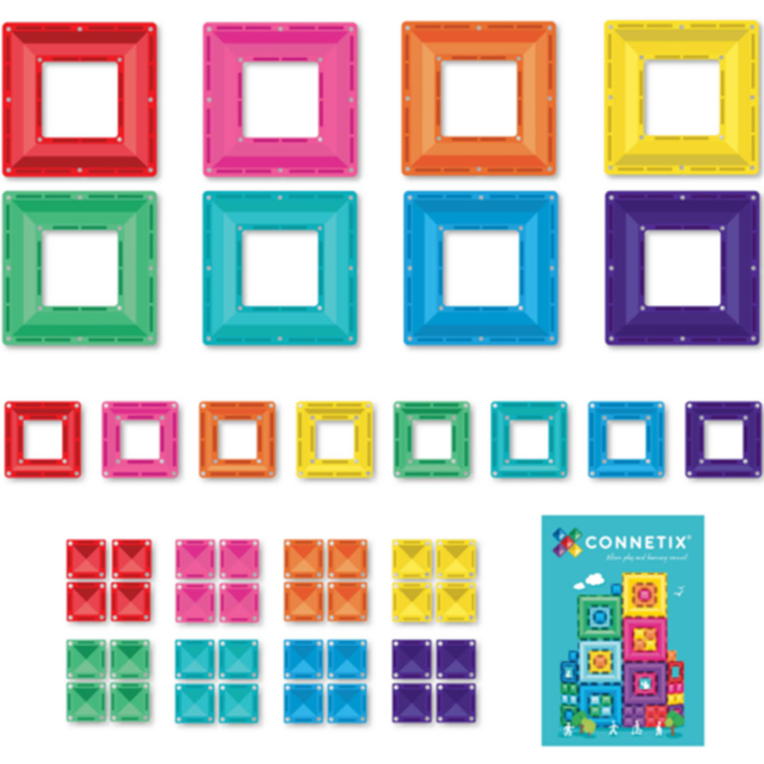 Infographic met verschillende Connetix magnetische tegels in diverse kleuren en vormen.
