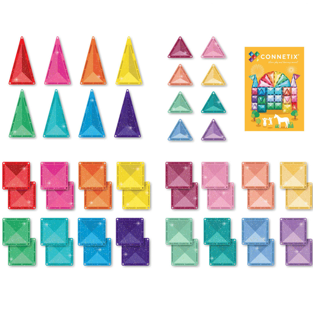 Alle 48 Connetix glitter magnetische tegels, bestaande uit driehoeken en vierkanten, uitgestald.