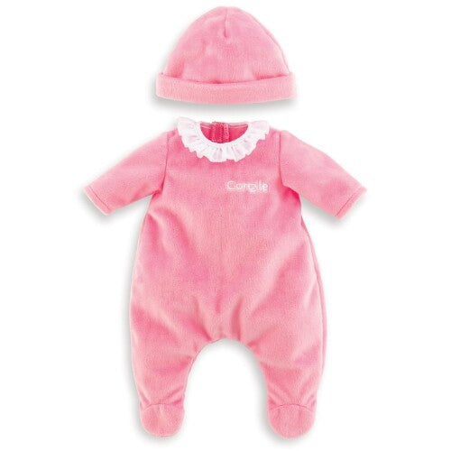 Corolle roze fluwelen poppenpyjama set met muts, plat gelegd.