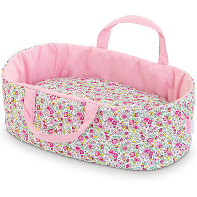 Corolle poppenreiswieg met roze bloemenpatroon en roze handvatten.