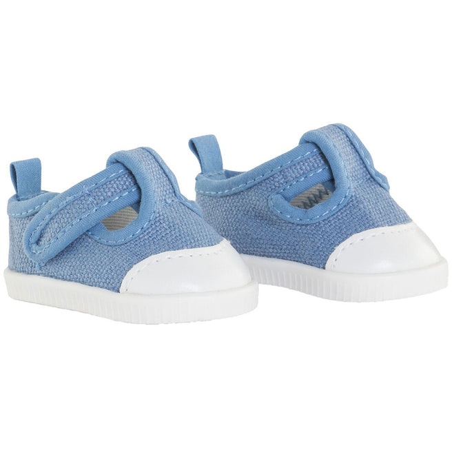 Corolle blauwe stoffen poppenschoenen met witte neuzen en zolen.